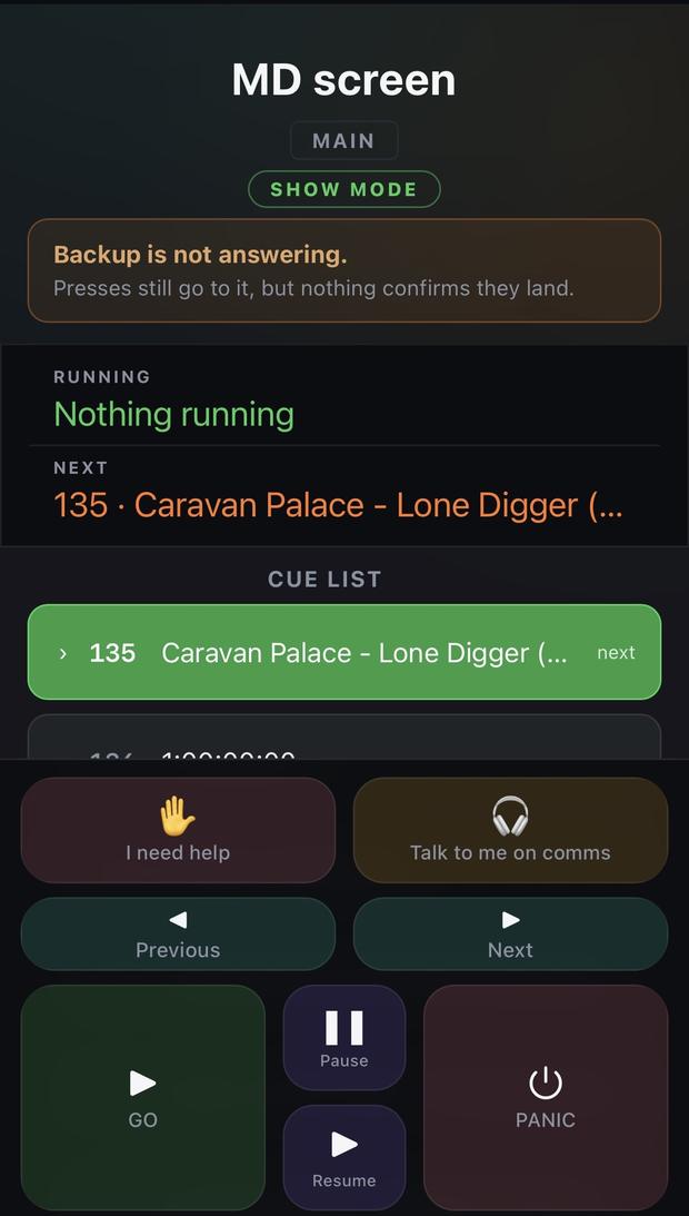 The MD screen on a phone, showing an amber banner reading: Backup is not answering. Presses still go to it, but nothing confirms they land.